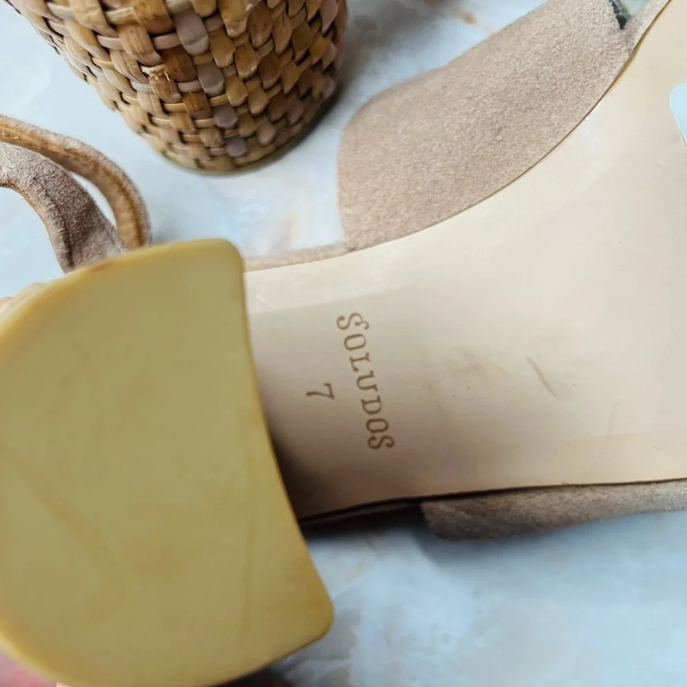 SOLUDOS Olivia Leather Suede Strappy Sandals Raffia Heel in Brown Desert 7